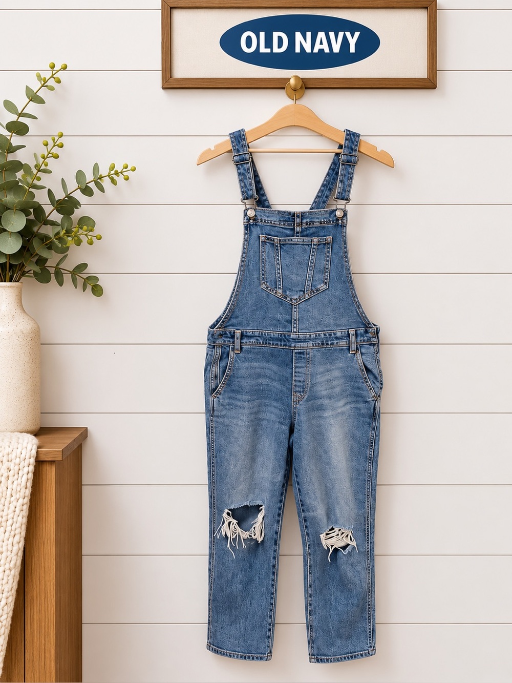 OLD NAVY - Distressed Denim Overalls with Side Zip - Size 8 Petite
